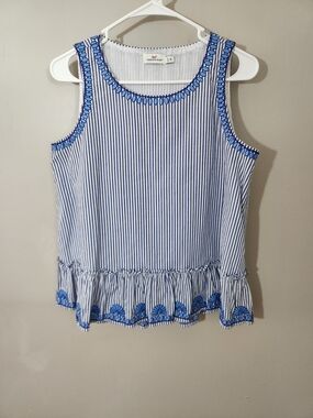 Vineyard Vines Blue Striped Embroidered Tank Ruffle Nautical Preppy Coastal